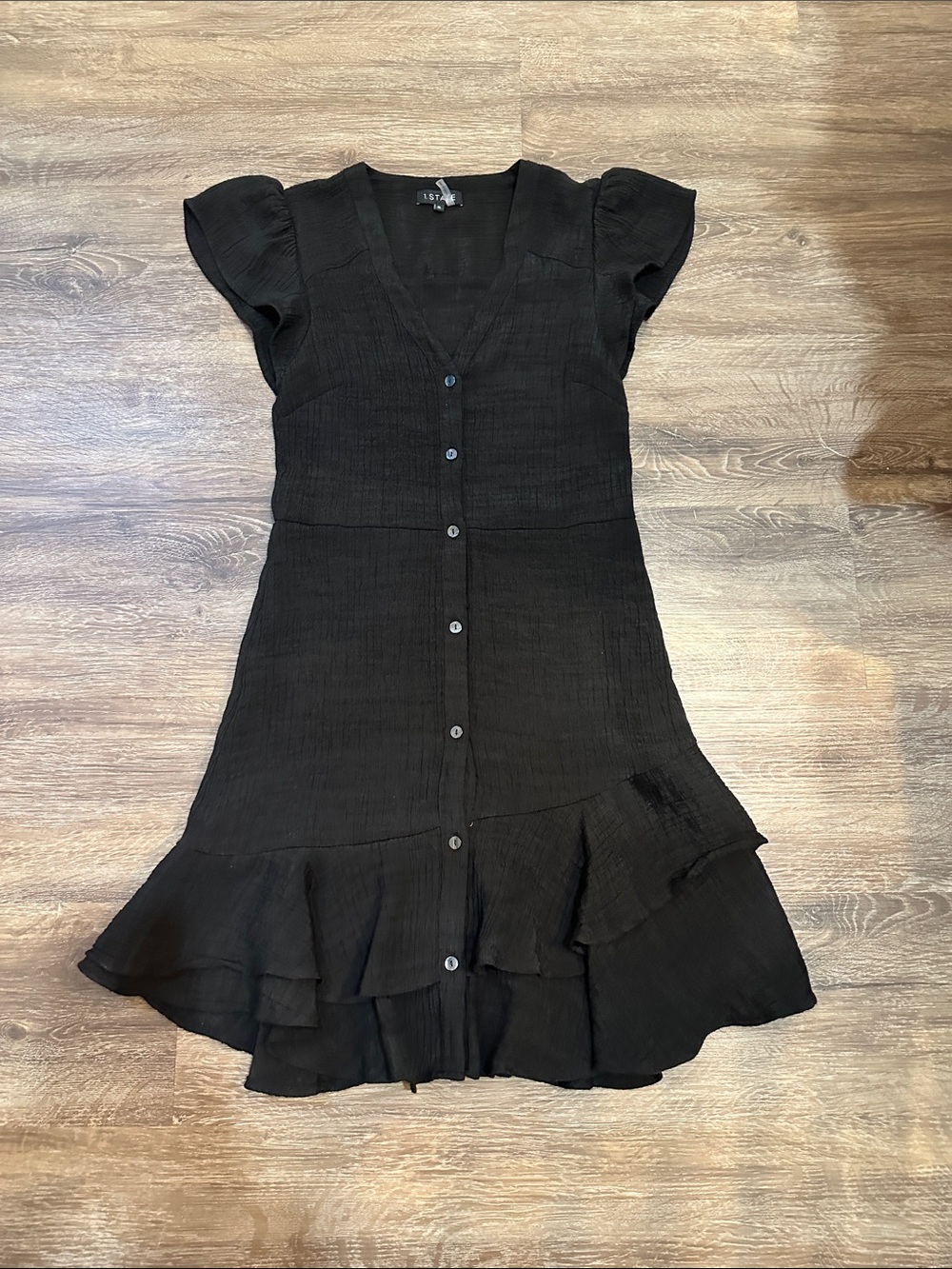 1. State Black Button-Front Ruffle Hem Mini Dress